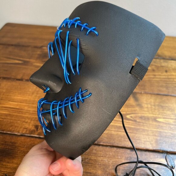 Light Up Blue Wire Horror Movie Halloween Mask Stitched Mouth and Eyes - Picture 5 of 11